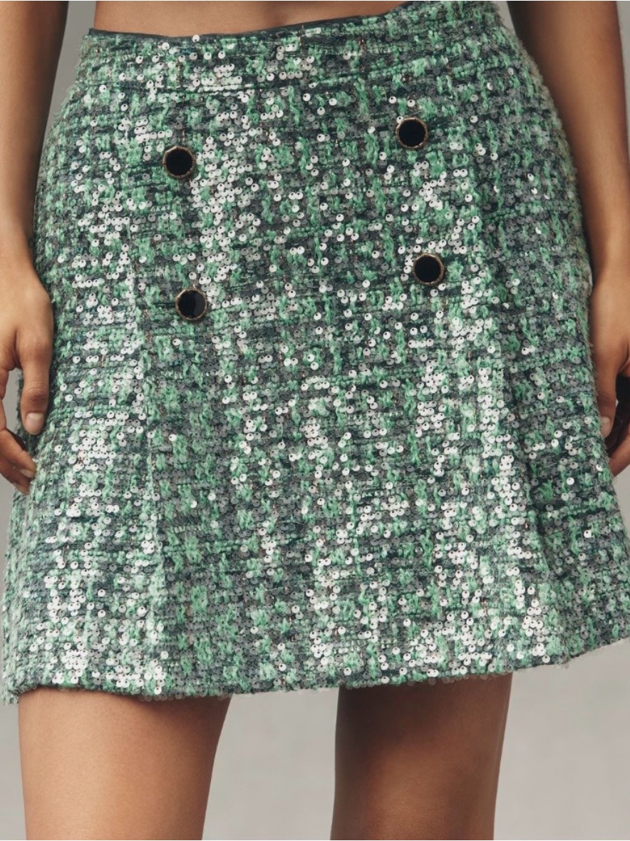 Nwt Maeve Green Sequin Tweed Mini Skirt In Grey Pattern Xs